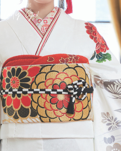 袋帯 着物 振袖 菊の花 白 和風 和服 レッド 赤 パッチワーク 和柄 布