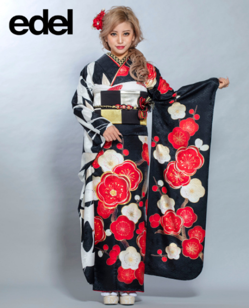 edel 華ギャルレトロ振袖（鶴に梅／赤黒）20019 | おりえん 振袖ネット