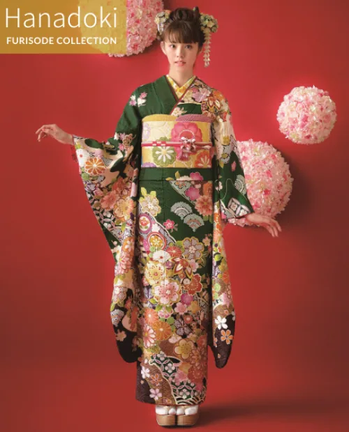 （昭和レトロ）深緑色 振袖 扇面 枝垂れ桜 金彩 古典振袖（桜と毬／緑）20051 ｜おりえん