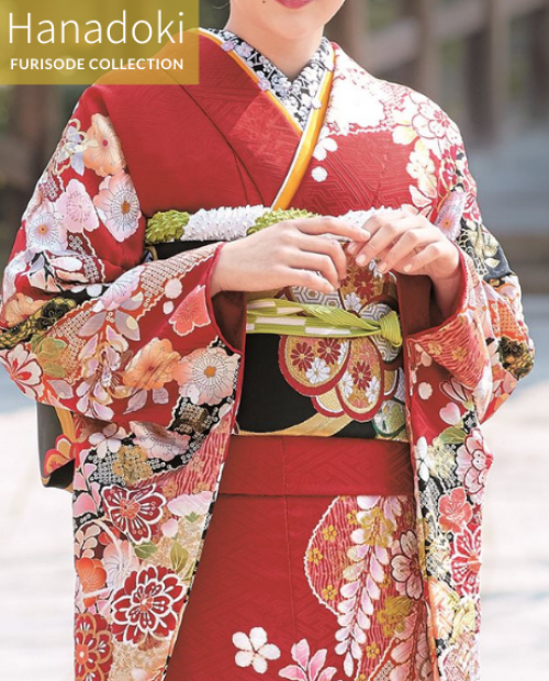 振袖セット 朱色 絞り 辻ヶ花 レトロ 桶絞り古典振袖（辻が花／赤黒）20046 | おりえん 振袖ネット