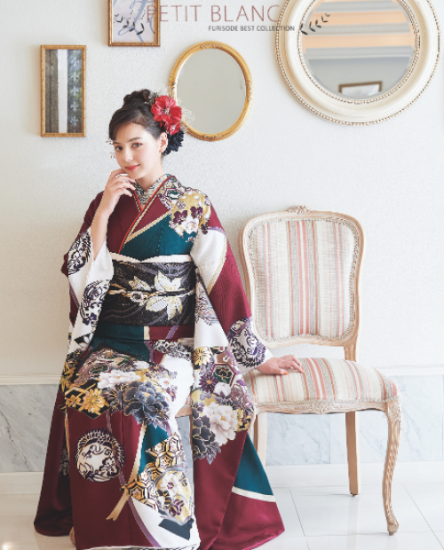 プチブラン　振袖のみ プチブラン レトロ古典振袖（菱に牡丹／深緑とえんじ）22021