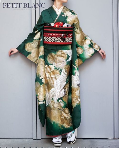 振袖フルセット 成人式 鶴や花の古典柄 振袖 洗える着物 化繊グリーン系