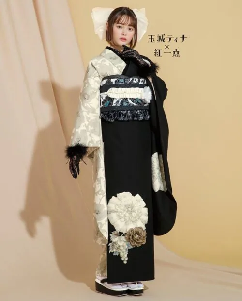 154~170cmぐらいの方が適応サイズ　振袖フルセット　玉城ティナブランド 玉城ティナ×紅一点 黒24043｜振袖ネットレンタルはおりえん