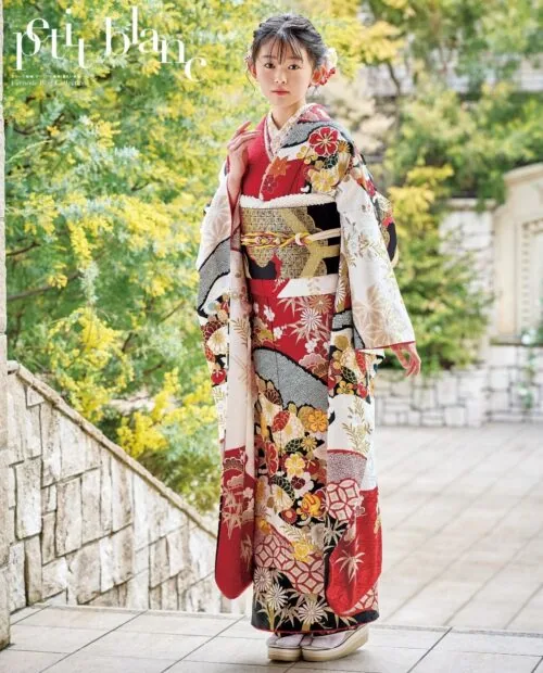 602z39☆振袖 古典柄 シンプル 刺繍 金糸 赤系☆美品 成人式 結婚式 赤白の古典振袖 金駒刺繍付き｜振袖ネットレンタルはおりえん