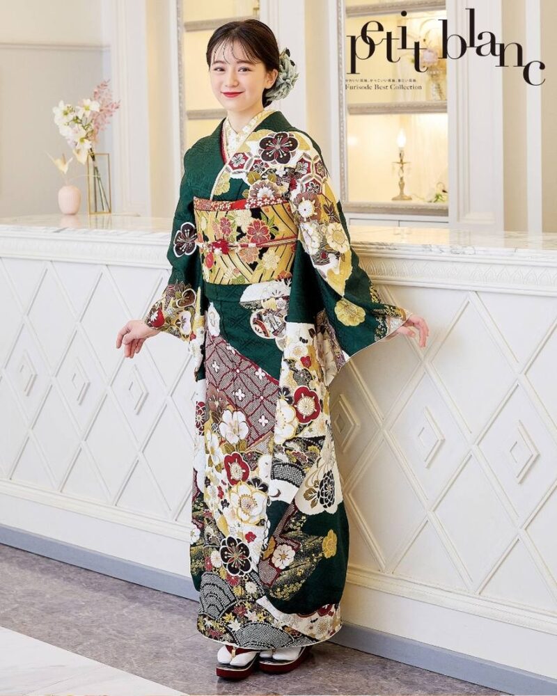 Sweet potato様【新品　正絹お振袖　フルセット　グリーン】 振袖 身丈165cm 裄丈68cm L 袷 袋帯フルセット 鈴乃屋 牡丹 桜
