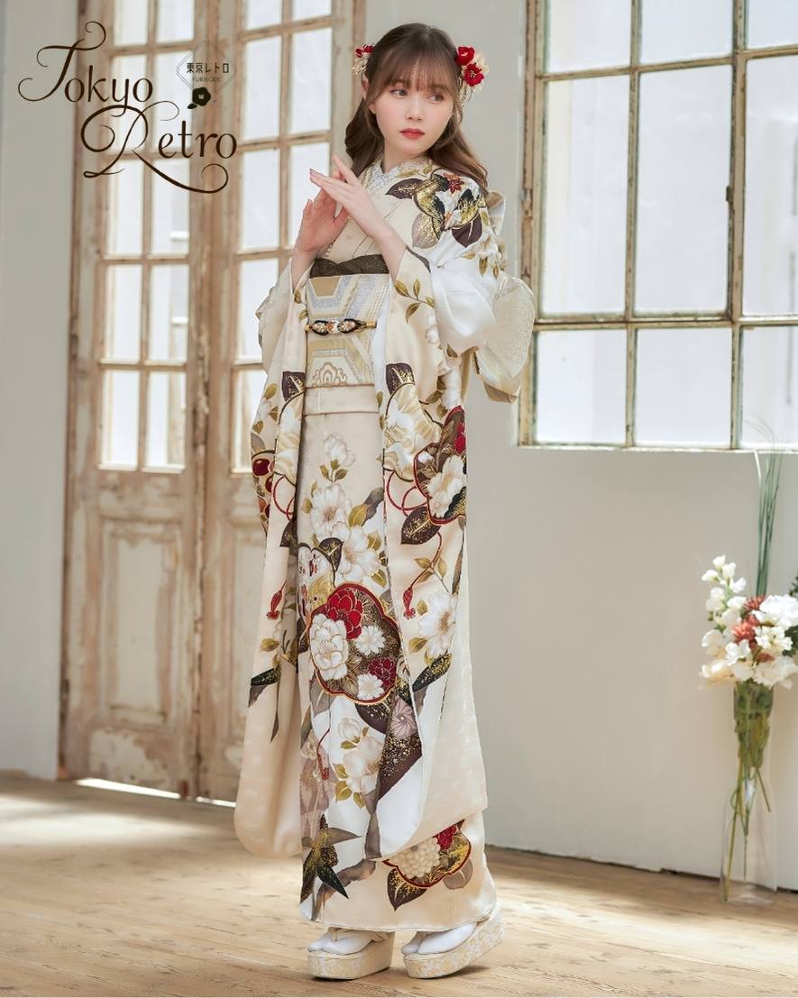 5118 振袖単品　朱赤／ベージュ　レトロ調　成人式結婚式卒業式　正絹 5118 振袖単品朱赤／ベージュレトロ調成人式結婚式卒業式正絹