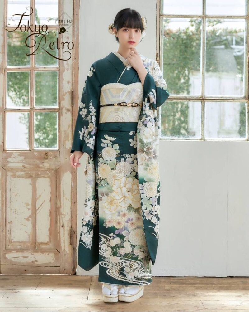 東京レトロ 振袖505 深緑に古典柄｜ネットレンタルはおりえん