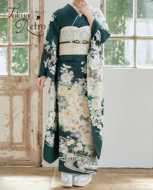 東京レトロ 振袖505 深緑に古典柄｜ネットレンタルはおりえん