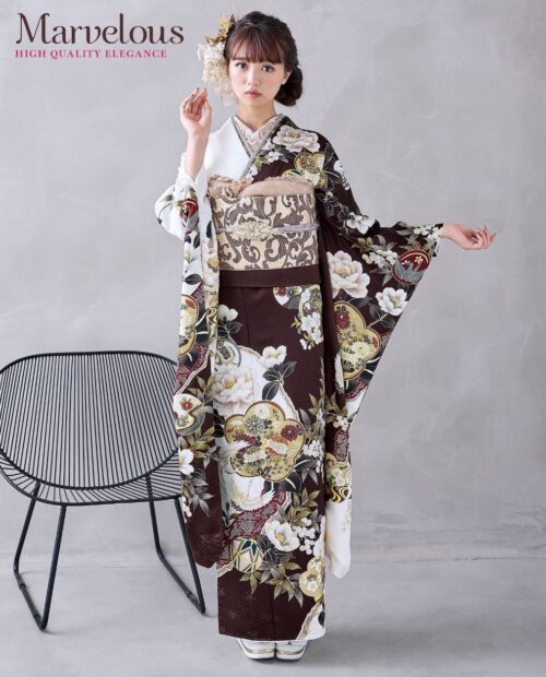 関芳　金彩　こげ茶×白染め分け　振袖フルセット TAKAZENの振袖 /白色/ゴールド色/古典/桜柄/ 最新作最高級古典柄