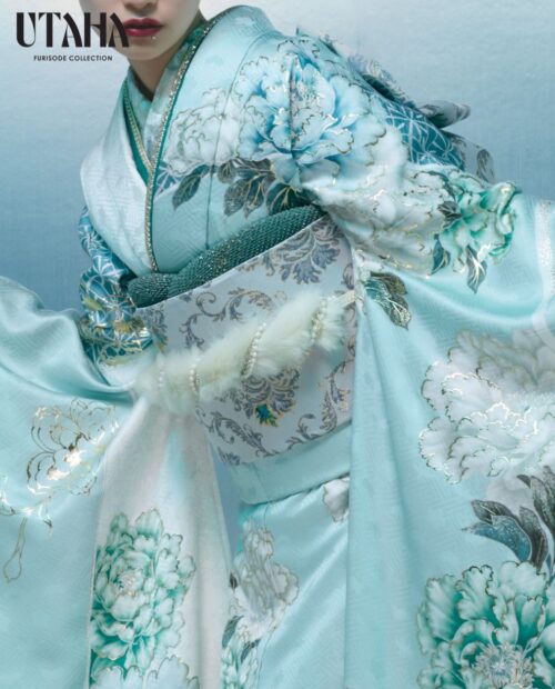 UTAHA詩羽UT-2148 水色ミント×白の牡丹柄スッキリ振袖｜振袖