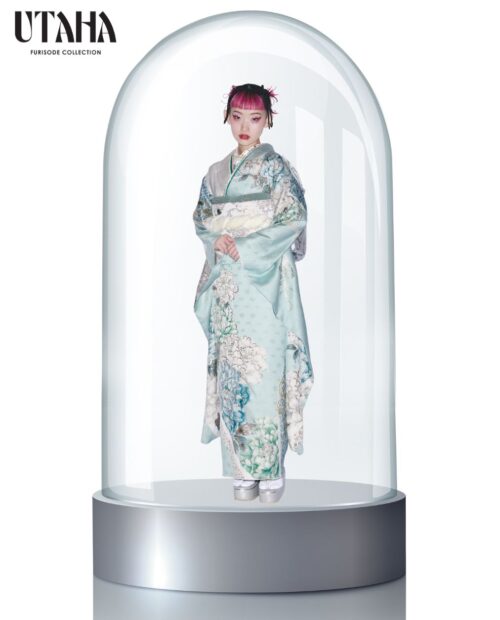 ミント　花柄振袖　帯 華徒然×吉木千沙都 ミントグリーン/淡い色 牡丹柄 くすみカラー