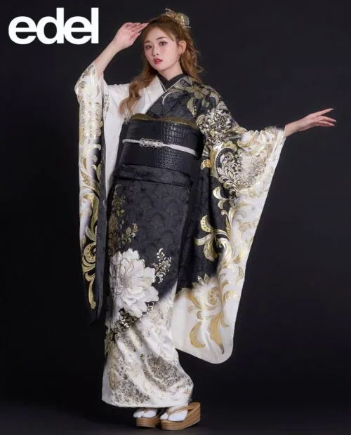 edel 白黒ぼかし×金彩のモード振袖｜ゆうちゃみのモダンなギャル系成人式スタイル 26015