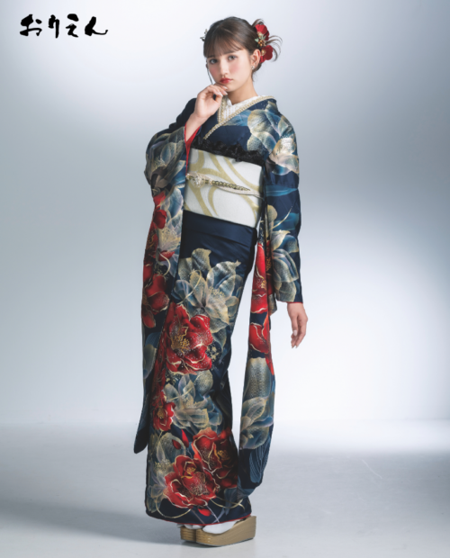 503z22.411y6.小物類☆ラメ振袖 金通し 金彩 辻が花地紋 古典柄☆ 古典振袖（金駒刺繍絞り柄／紫紺色）19004 ｜おりえん