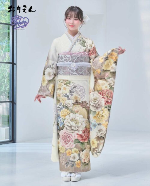 振袖ひいな白 御所車に四季の花｜振袖ネットレンタルはおりえん