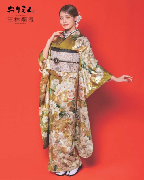 王林爛漫 艶やかなからし色に白花と金彩が豪華な着物｜色は控え目、柄は多くて華やか 27006